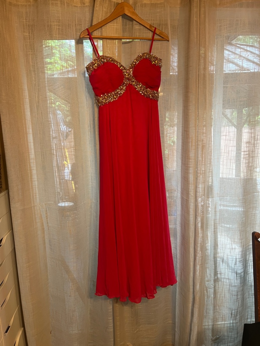 Night Moves Prom Collection Red Beaded Empire Waist Evening Gown